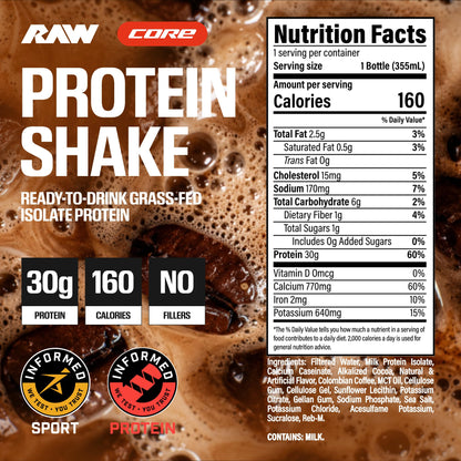 RAW Ready-to-Drink Protein Shake, Strawberry - RTD Protein Drinks with Grass-Fed Whey Protein Isolate for Post-Workout - Zero-Sugar & Gluten-Free Meal Replacement Drink & Breakfast Shake, 12 Fl Oz