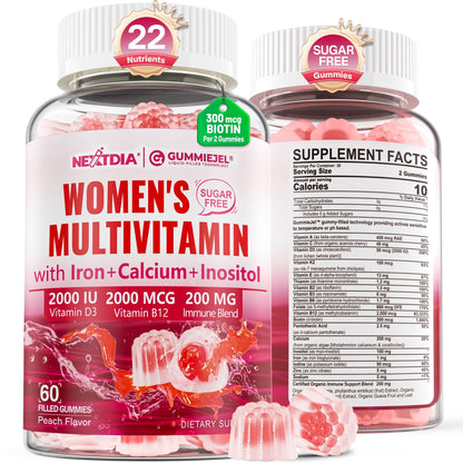 Methylated Multivitamin for Women Gummies, Calcium, D3 K2, Methylfolate & B12, Inositol, Daily Vitamin A C E, B Complex, Biotin, Zinc, Iron -Energy, Immune, Bone, Skin, Hair, Sugar Free, 60Cts
