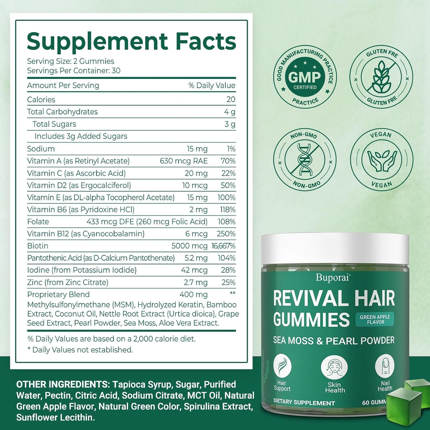 Hair Growth Gummies, Revival Hair Sea Moss Biotin Gummies with Pearl Powder Supports Faster Hair Growth, Stronger Nails, Healthy Skin, Extra Strength