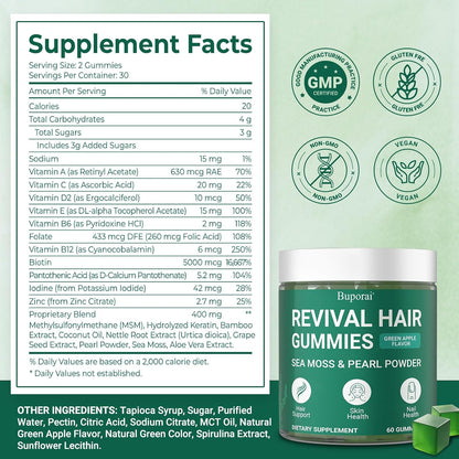 Hair Growth Gummies, Revival Hair Sea Moss Biotin Gummies with Pearl Powder Supports Faster Hair Growth, Stronger Nails, Healthy Skin, Extra Strength