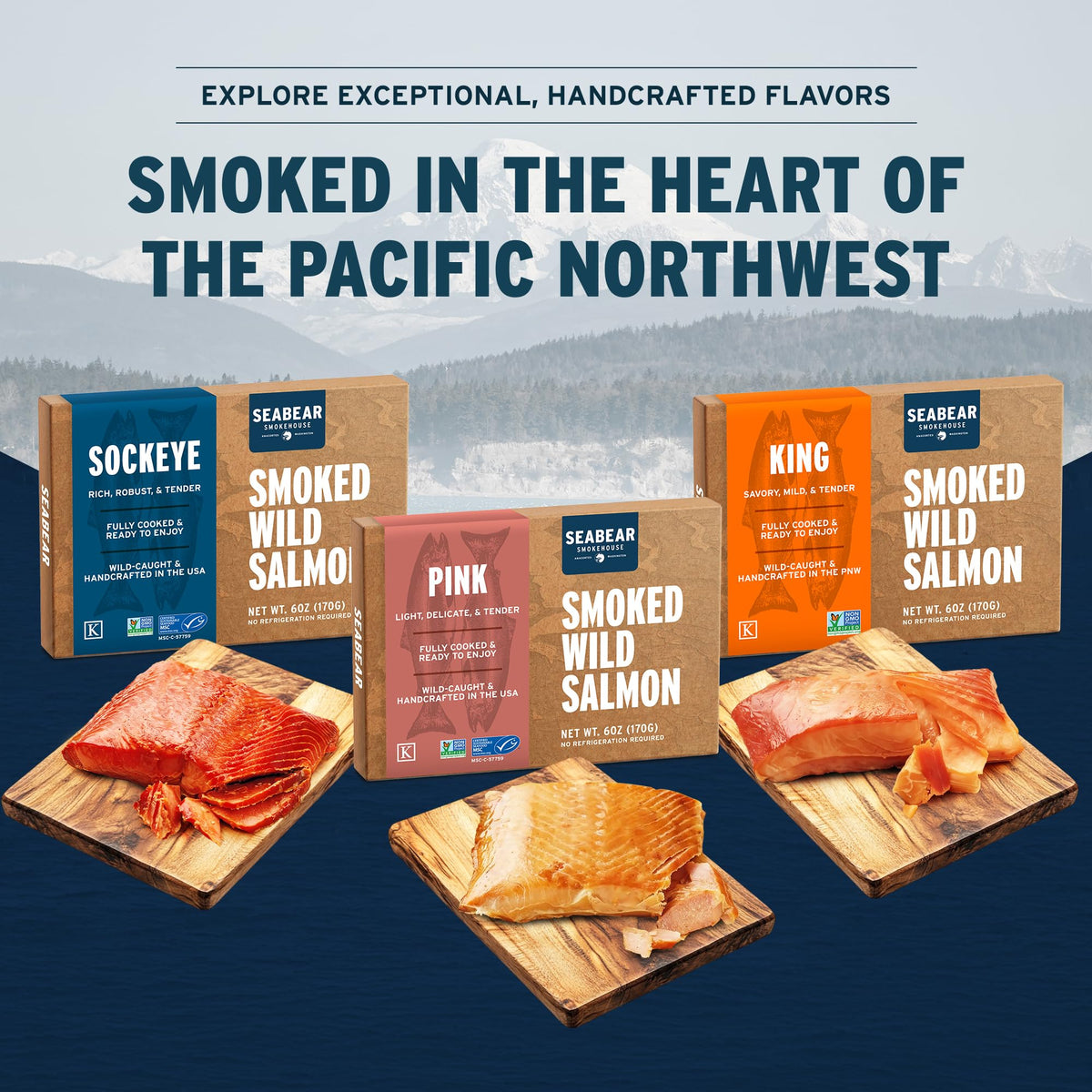 SeaBear Smoked Salmon Trio 18oz (3 x 6oz) Fillets Gift Box – Wild Alaska Sockeye, Wild Pink & Coho Fillets, Shelf Stable, Ready to Eat, 18 Ounce (3 x 6 Ounce) Filets