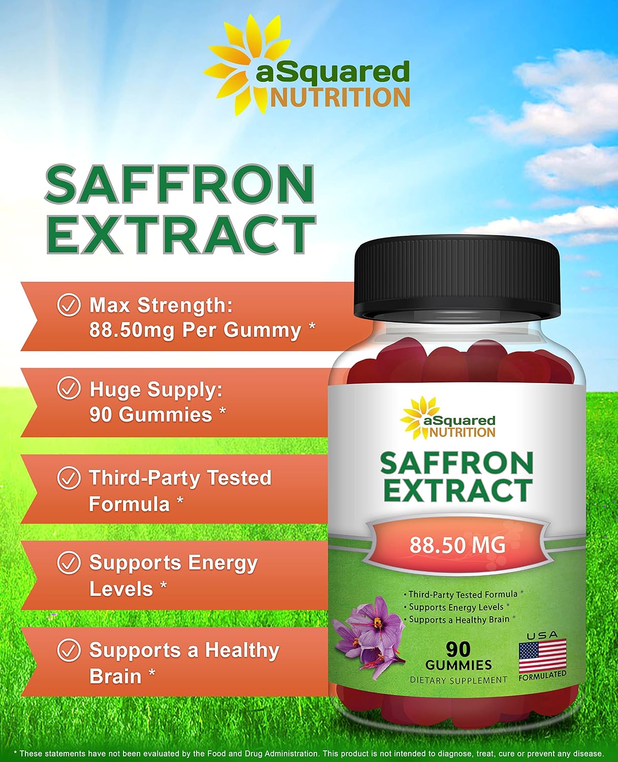 aSquared Nutrition Saffron Gummies - Saffron Extract Supplement - Pure Gummy Supplements Alternative to Capsules, Pills, Powder & Tea