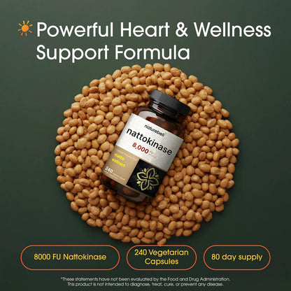 NatureBell Nattokinase - 240 Capsules - 8,000 FU Max Strength from Fermented Natto Extract - for Heart Health, Healthy Circulation & Daily Wellness Support*