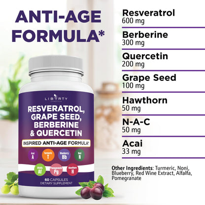 Liberty Lifestyle Resveratrol, Berberine, Grape Seed Extract, Quercetin, Polyphenol Supplement for Women and Men with Noni Extract, N-Acetyl Cysteine, Acai Extract - 2-Pack