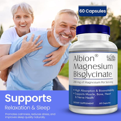 MilaMiAmor Albion® Magnesium Bisglycinate – Highly Absorbable Chelated Magnesium for Muscle, Nerve, Relaxation & Sleep Support – Gentle on Stomach, Vegan – 200mg per Serving, 60 Capsules