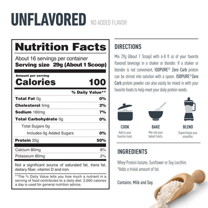 Isopure Zero Carb 100% Pure Whey Isolate Protein Powder, Gluten Free, with Vitamins, Unflavored, 25g Protein Per Serving, 1 Lb, 16 Servings (Packaging May Vary)