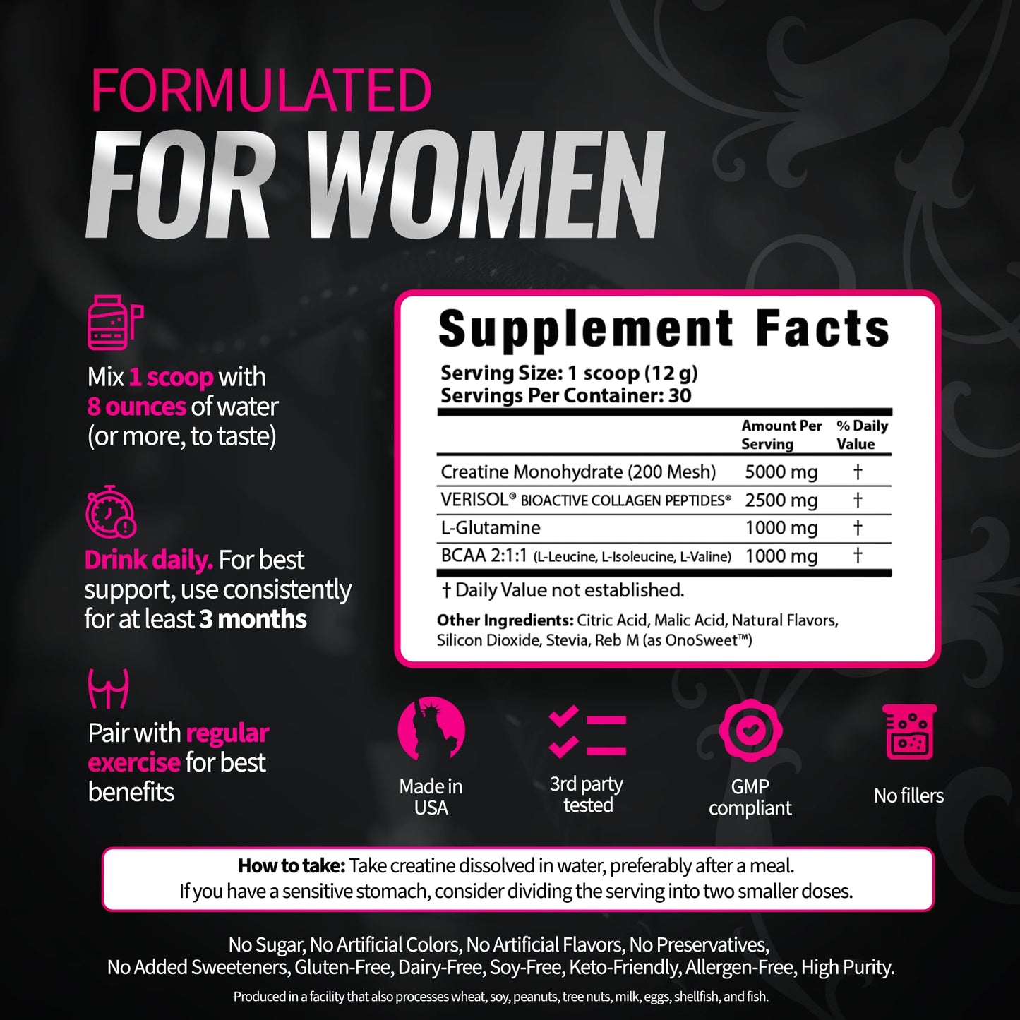 Bold Buns Creatine for Women – Supplement with Collagen & BCAA – Supports Muscle Development, Post-Workout Recovery, Skin Elasticity, Healthy Hair & Nail (30 Servings, Unflavored)