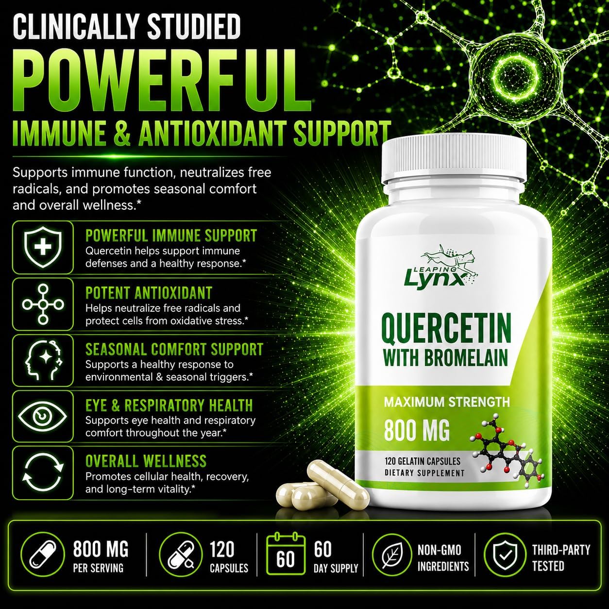 Leaping Lynx Quercetin with Bromelain – 800mg Quercetin + 165mg Bromelain | 120 Capsules (60-Day Supply) | Immune, Respiratory, and Seasonal Allergy Support | Antioxidant & Recovery Complex | Non-GMO