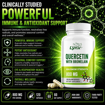 Leaping Lynx Quercetin with Bromelain – 800mg Quercetin + 165mg Bromelain | 120 Capsules (60-Day Supply) | Immune, Respiratory, and Seasonal Allergy Support | Antioxidant & Recovery Complex | Non-GMO