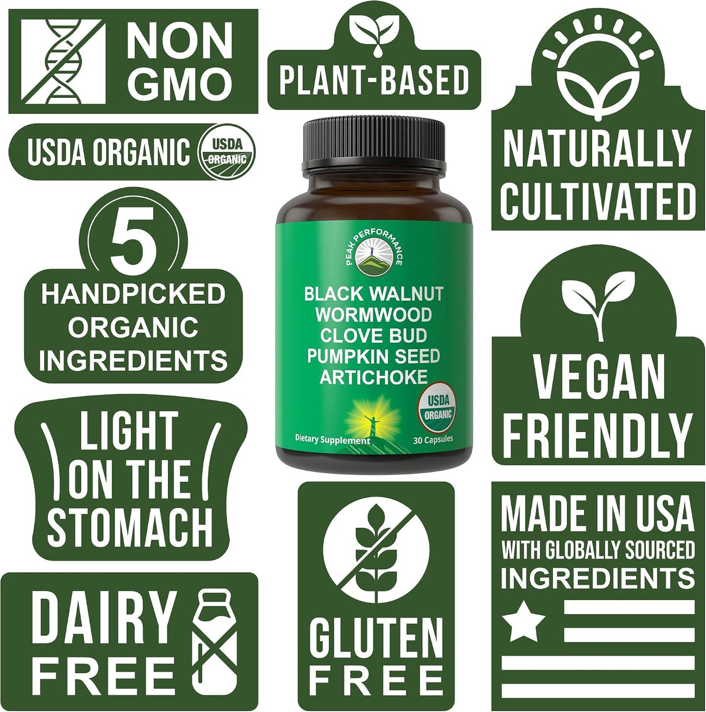 USDA Organic Wormwood Black Walnut Clove Cleanse for Humans. Elimination Detox + Intestinal Support Capsules Supplement for Adults and Kids. Pills with Artichoke and Pumpkin Seed for Added Benefits