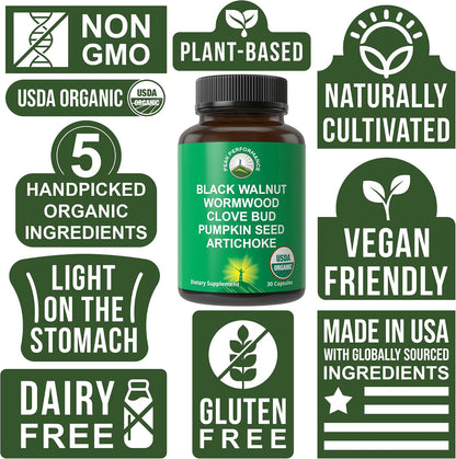 USDA Organic Wormwood Black Walnut Clove Cleanse for Humans. Elimination Detox + Intestinal Support Capsules Supplement for Adults and Kids. Pills with Artichoke and Pumpkin Seed for Added Benefits