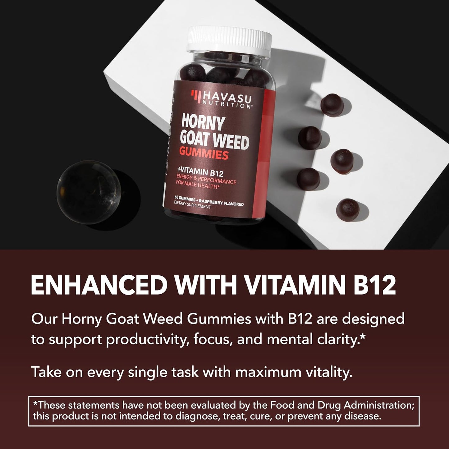 Horny Goat Weed Gummies with Vitamin B12, Raspberry Flavor, 30 Servings | Vegan, Non-GMO Horny Goat Weed Gummies to Support Drive, Vitality and Performance for Men, 60 Count, 1-Month Supply