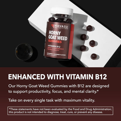 Horny Goat Weed Gummies with Vitamin B12, Raspberry Flavor, 30 Servings | Vegan, Non-GMO Horny Goat Weed Gummies to Support Drive, Vitality and Performance for Men, 60 Count, 1-Month Supply