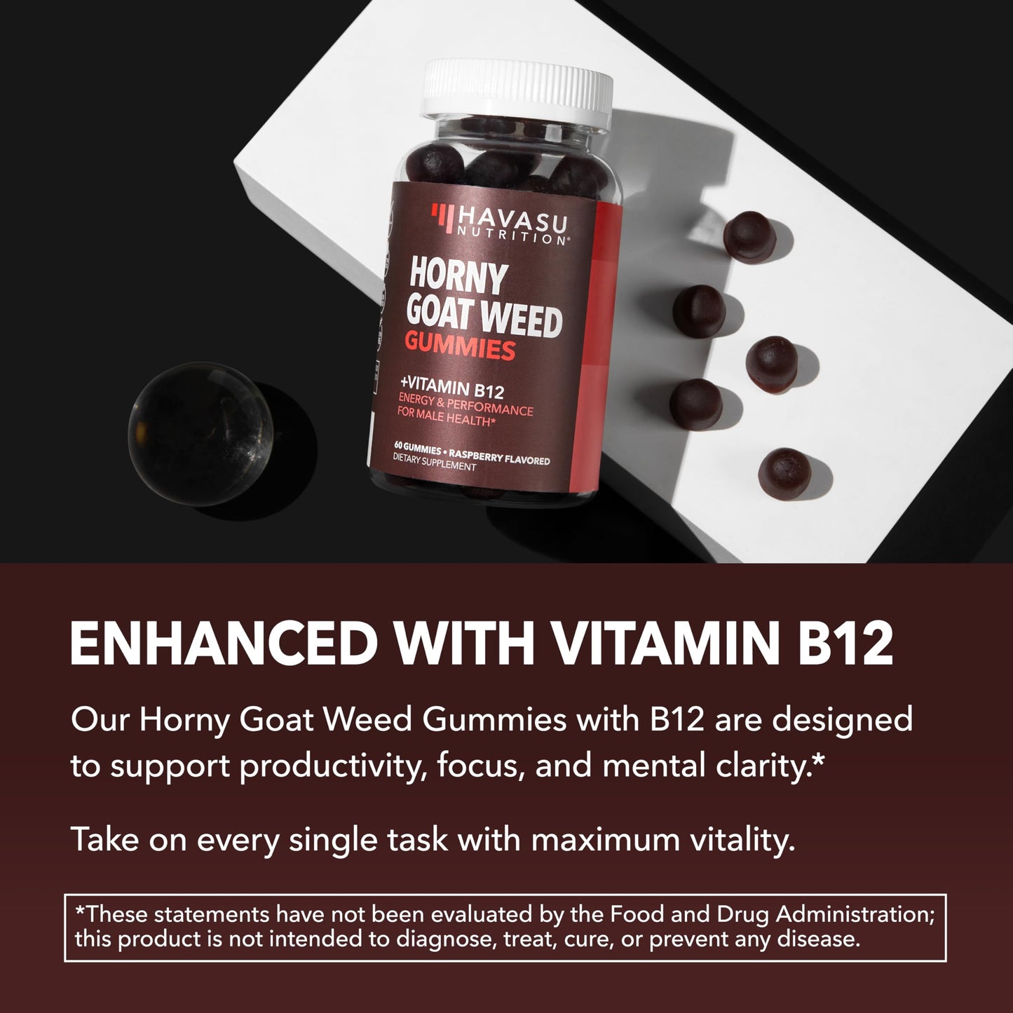 Horny Goat Weed Gummies with Vitamin B12, Raspberry Flavor, 30 Servings | Vegan, Non-GMO Horny Goat Weed Gummies to Support Drive, Vitality and Performance for Men, 60 Count, 1-Month Supply