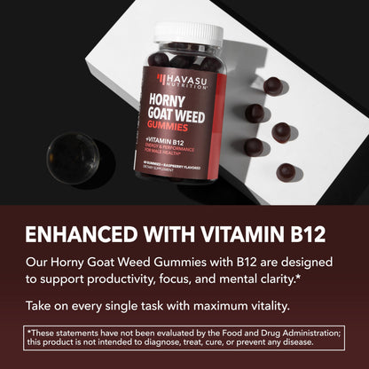 Horny Goat Weed Gummies with Vitamin B12, Raspberry Flavor, 30 Servings | Vegan, Non-GMO Horny Goat Weed Gummies to Support Drive, Vitality and Performance for Men, 60 Count, 1-Month Supply