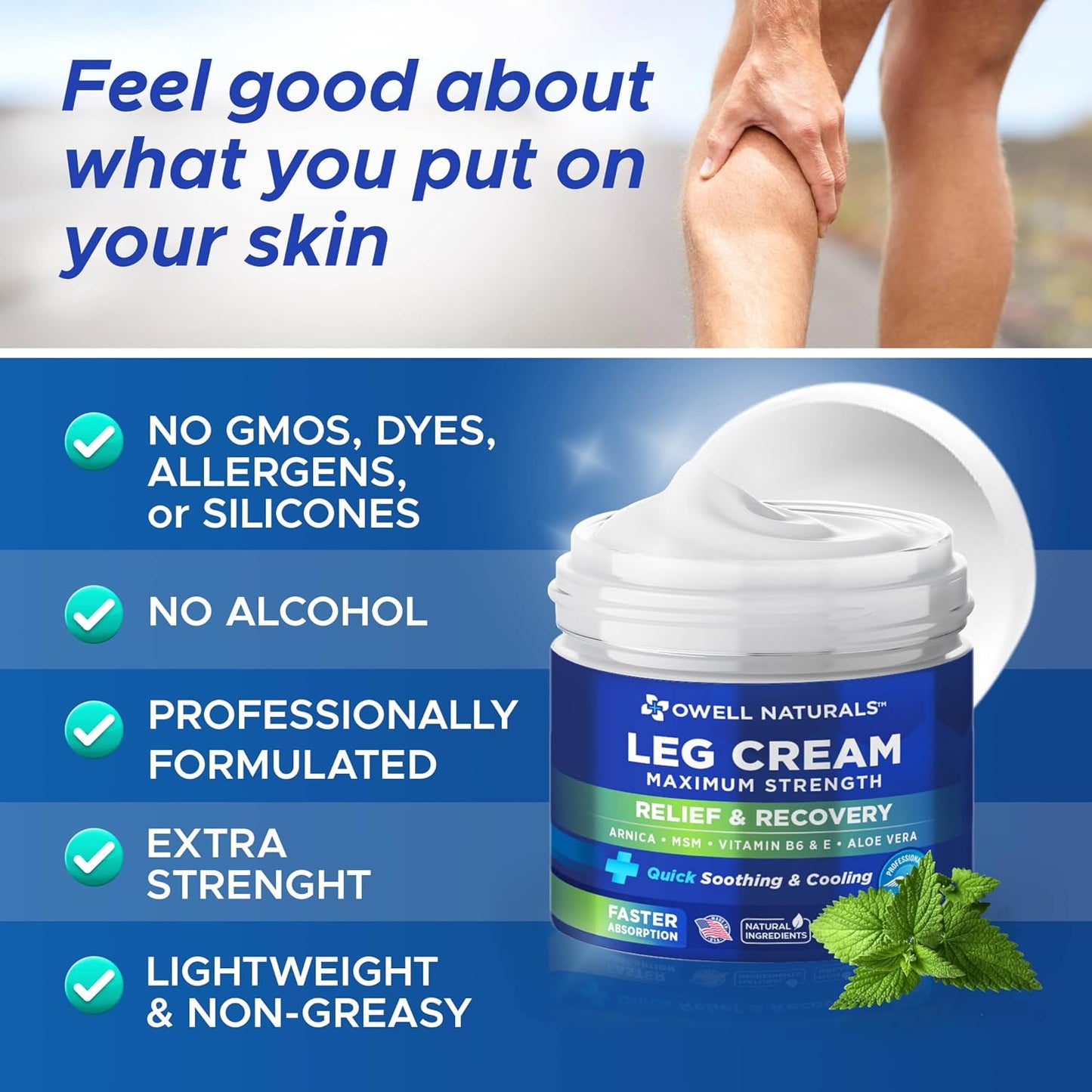 OWELL NATURALS Relief Legs Cream, Deep Penetrating Soothing Formula, Fast Acting & Maximum Strength with Arnica, Aloe Vera Vitamin E, for Muscles, Calf, foot, ankle, 2 oz