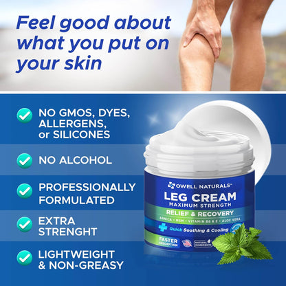OWELL NATURALS Relief Legs Cream, Deep Penetrating Soothing Formula, Fast Acting & Maximum Strength with Arnica, Aloe Vera Vitamin E, for Muscles, Calf, foot, ankle, 2 oz