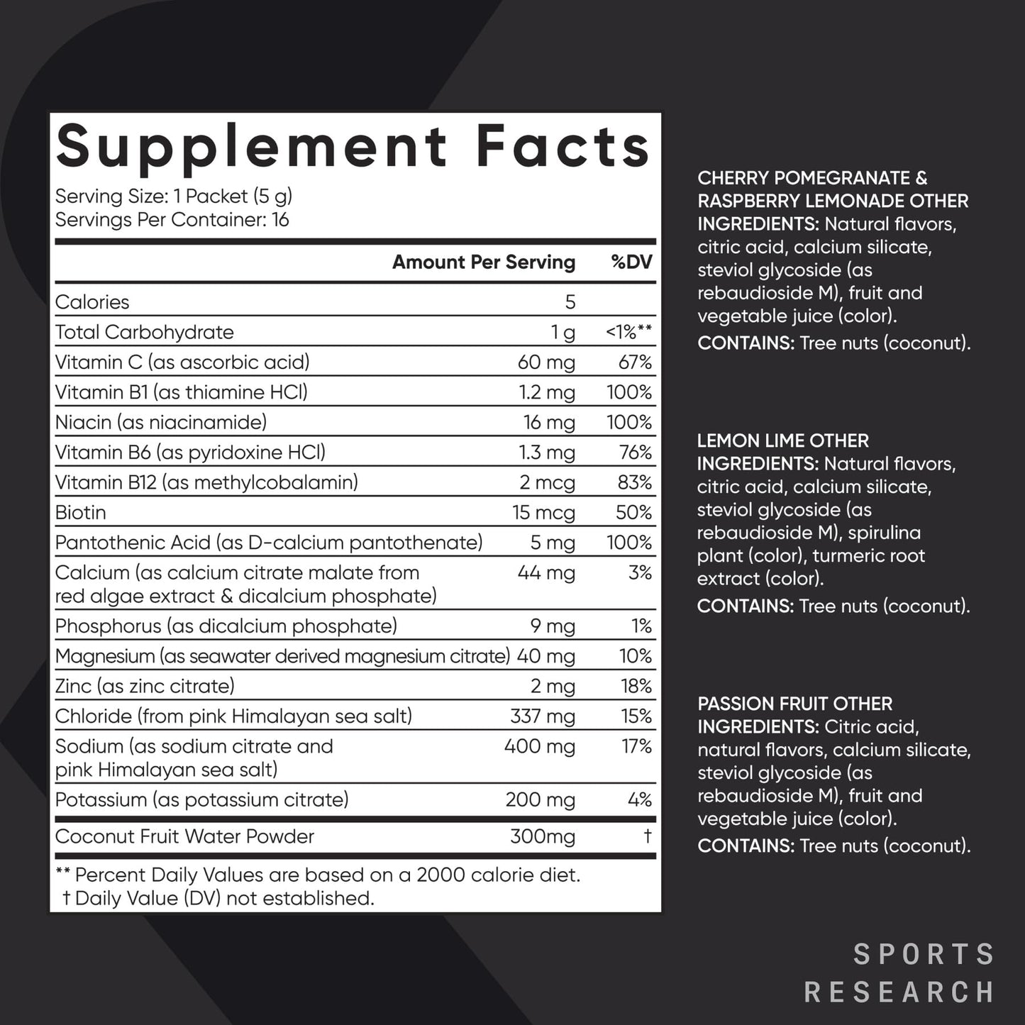 Sports Research® Hydrate Electrolytes Powder Packets - Sugar-Free & Naturally Flavored with Vitamins, Minerals, and Coconut Water - Supports Hydration - 16 Packets - Variety Pack | Sugar-Free