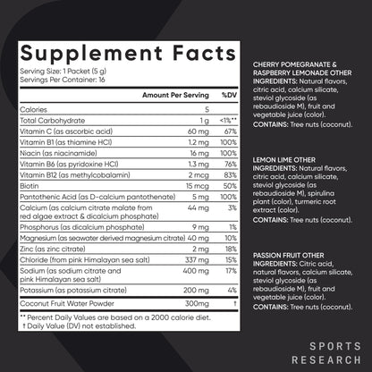 Sports Research® Hydrate Electrolytes Powder Packets - Sugar-Free & Naturally Flavored with Vitamins, Minerals, and Coconut Water - Supports Hydration - 16 Packets - Variety Pack | Sugar-Free