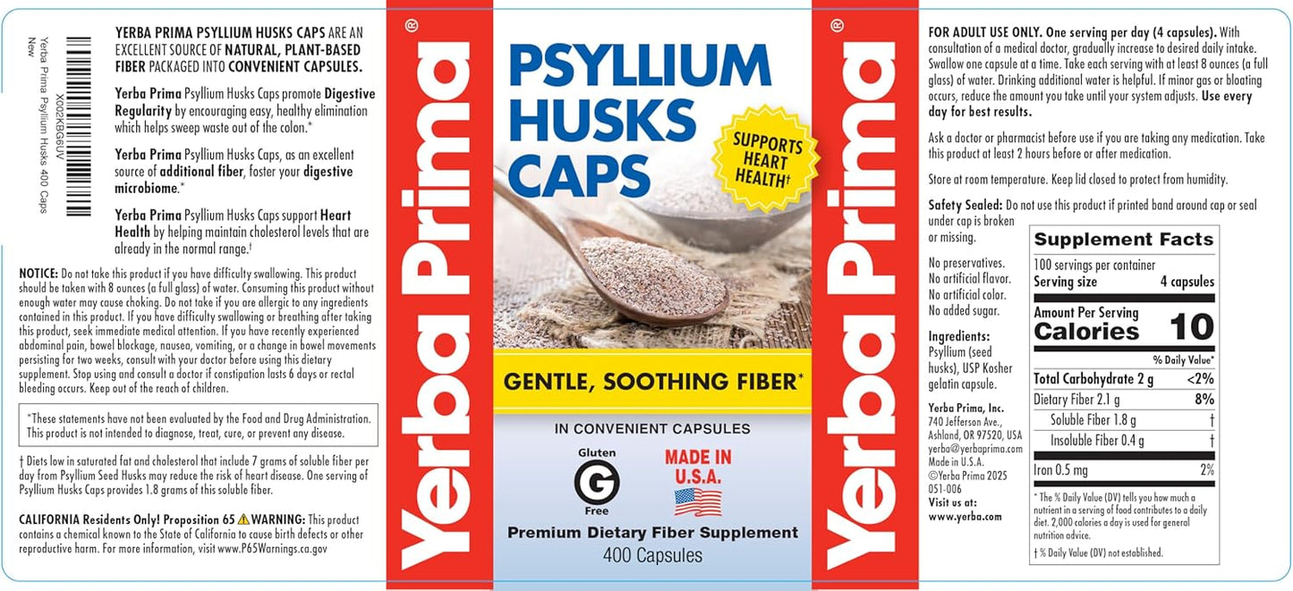 Yerba Prima Psyllium Husks Caps, 400 Capsules - Natural Fiber for Men and Women - Regularity Support Supplement