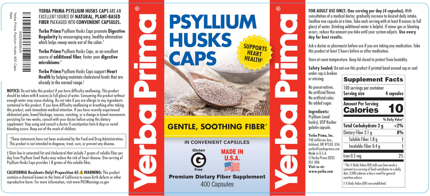Yerba Prima Psyllium Husks Caps, 400 Capsules - Natural Fiber for Men and Women - Regularity Support Supplement