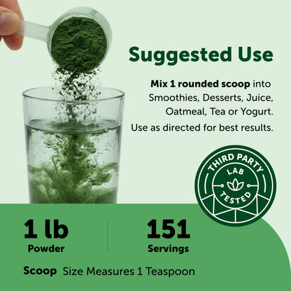 Organic Spirulina Powder, 1lb | Blue-Green Algae, Naturally Occurring Vegan Protein, Vitamins & Minerals | Source of Natural Chlorophyll & Enzymes | Non-GMO, Gluten-Free, No Additives
