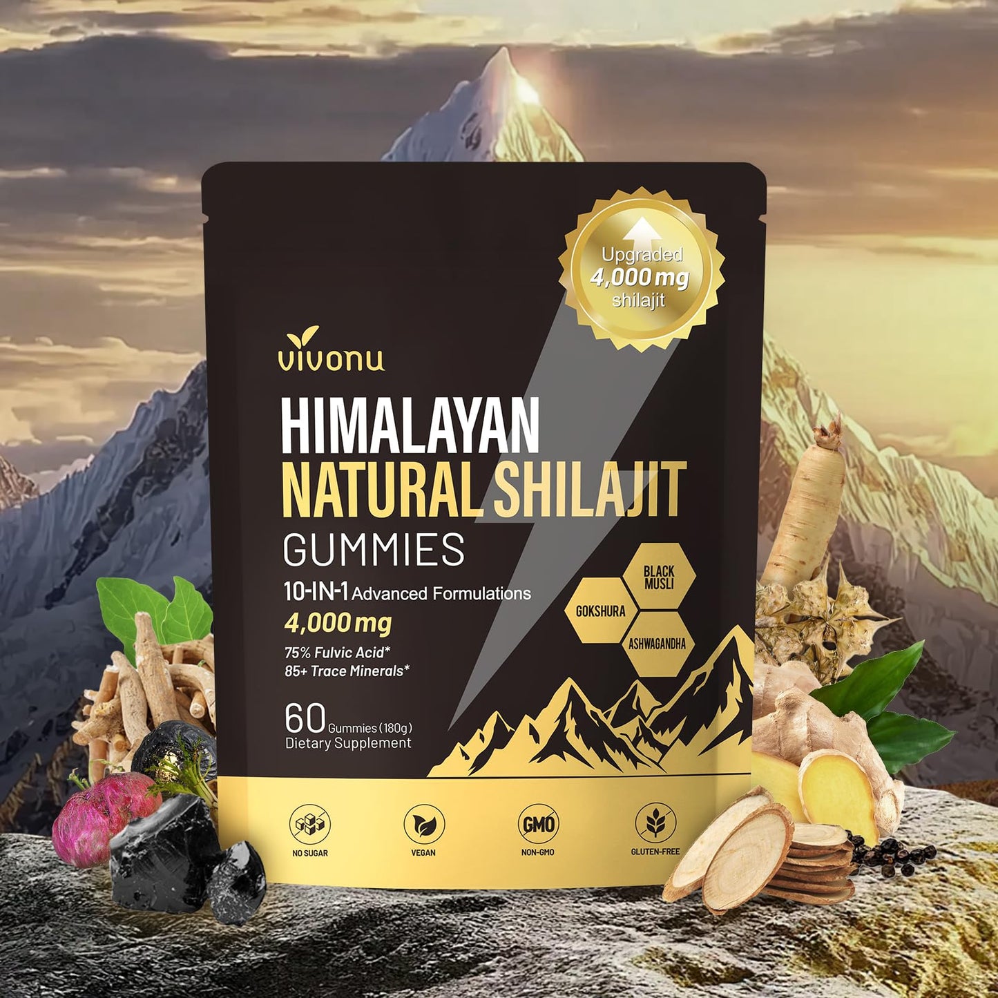 VivoNu Shilajit* Gummies,Pure Himalayan* micronutrient Supplement, Himalayan Premium Ingredient with Shilajit, Ashwagandha, Gokshura, Fulvic Acid & 85+ Trace Minerals I for Men & Women (4000MG/1 Bag)