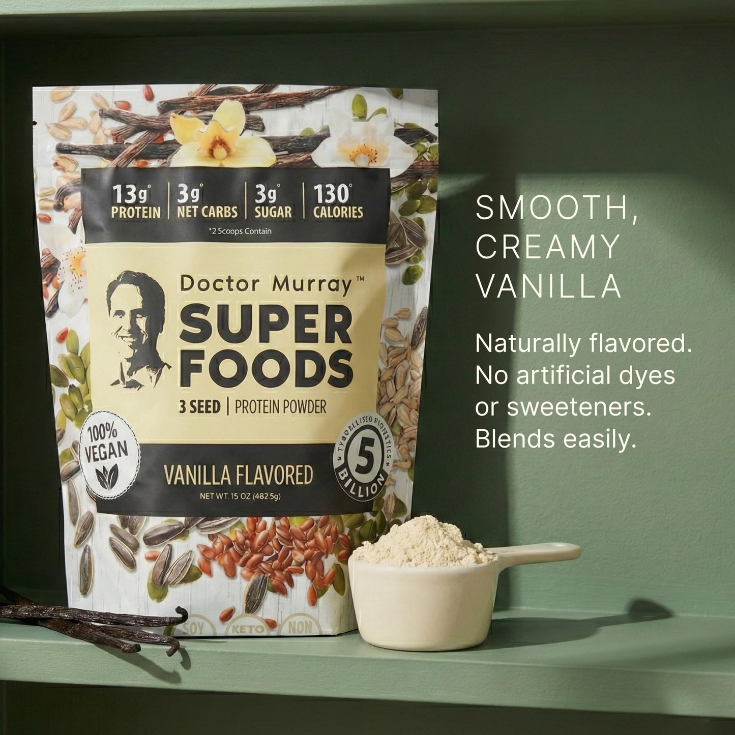 Dr. Murray's Super Foods 3 Seed Protein Powder - Pumpkin Flax Sunflower | Vegan Plant Protein | No Artificial Additives | GMP Certified | Unflavored, 1 lb.