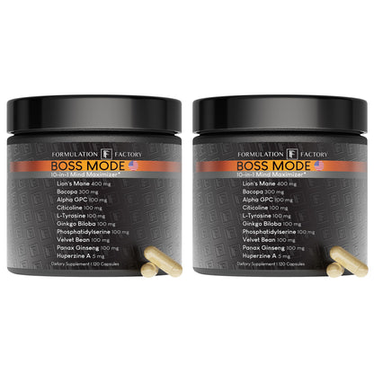 Formulation Factory BOSS Mode 10-in-1 Nootropic Complex with Lion's Mane, Alpha-GPC, Bacopa Monnieri, Ginkgo Biloba, Rhodiola & L-Tyrosine - 120 Capsules