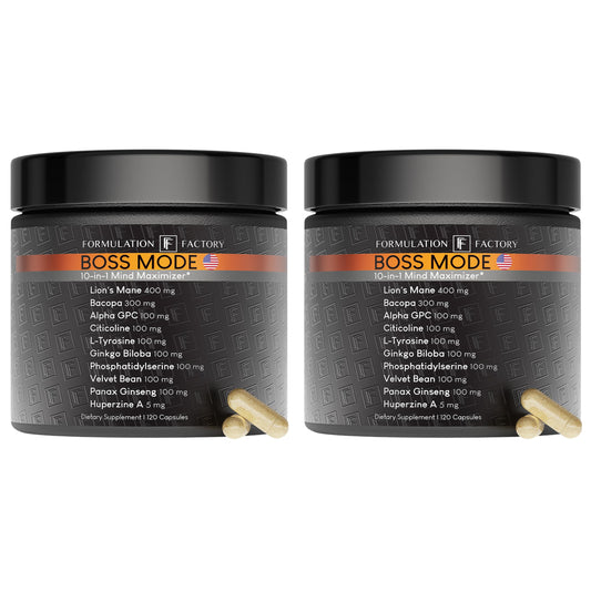 Formulation Factory BOSS Mode 10-in-1 Nootropic Complex with Lion's Mane, Alpha-GPC, Bacopa Monnieri, Ginkgo Biloba, Rhodiola & L-Tyrosine - 120 Capsules