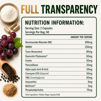 Liposomal NAD+ Supplement 1000mg NR & NMNH with Trans-Resveratrol, Quercetin Phytosome, CoQ10 Ubiquinol, Fisetin, Pterostilbene, R-ALA, TMG, BioPerine, Astaxanthin, 120 Vegan Capsules