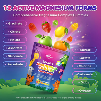 Magnesium Complex 12 in 1 - Magnesium Gummies 700mg with Glycinate, Citrate, Malate, Oxide, Taurate & More - Support Relaxation, Muscle Function, Nerve & Bone Health - Sugar Free Mixed Fruit 120 Count