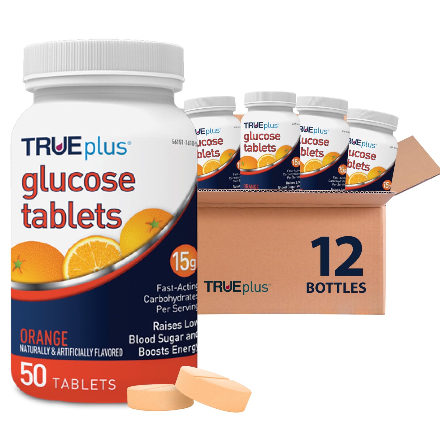 TRUEplus Glucose Tablets, Grape, Raspberry, Orange Flavors, 50 Count | Chewable Tablets, 15g Fast-Acting Carbohydrates, Fat Free, Gluten Free, Boosts Energy, Great Tasting and Easy to Use