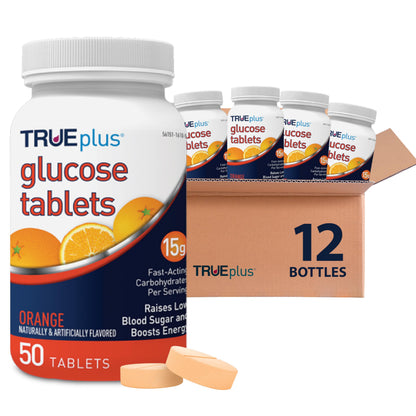 TRUEplus Glucose Tablets, Grape, Raspberry, Orange Flavors, 50 Count | Chewable Tablets, 15g Fast-Acting Carbohydrates, Fat Free, Gluten Free, Boosts Energy, Great Tasting and Easy to Use