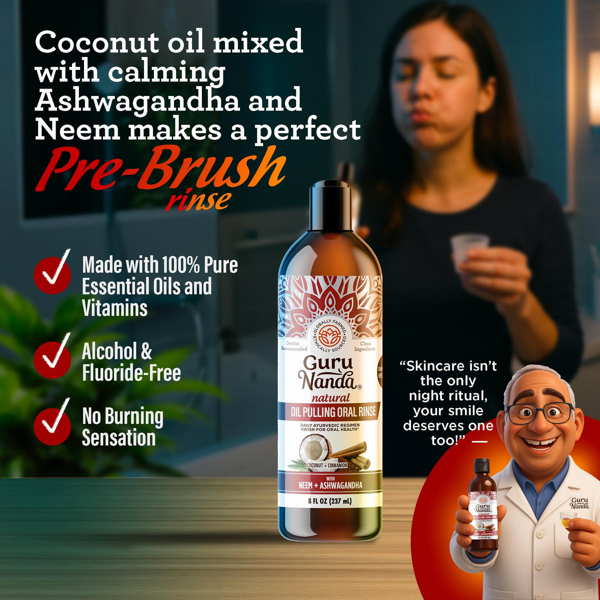 GuruNanda Cinnamon Oil Pulling Mouthwash with Neem & Ashwagandha, 16oz