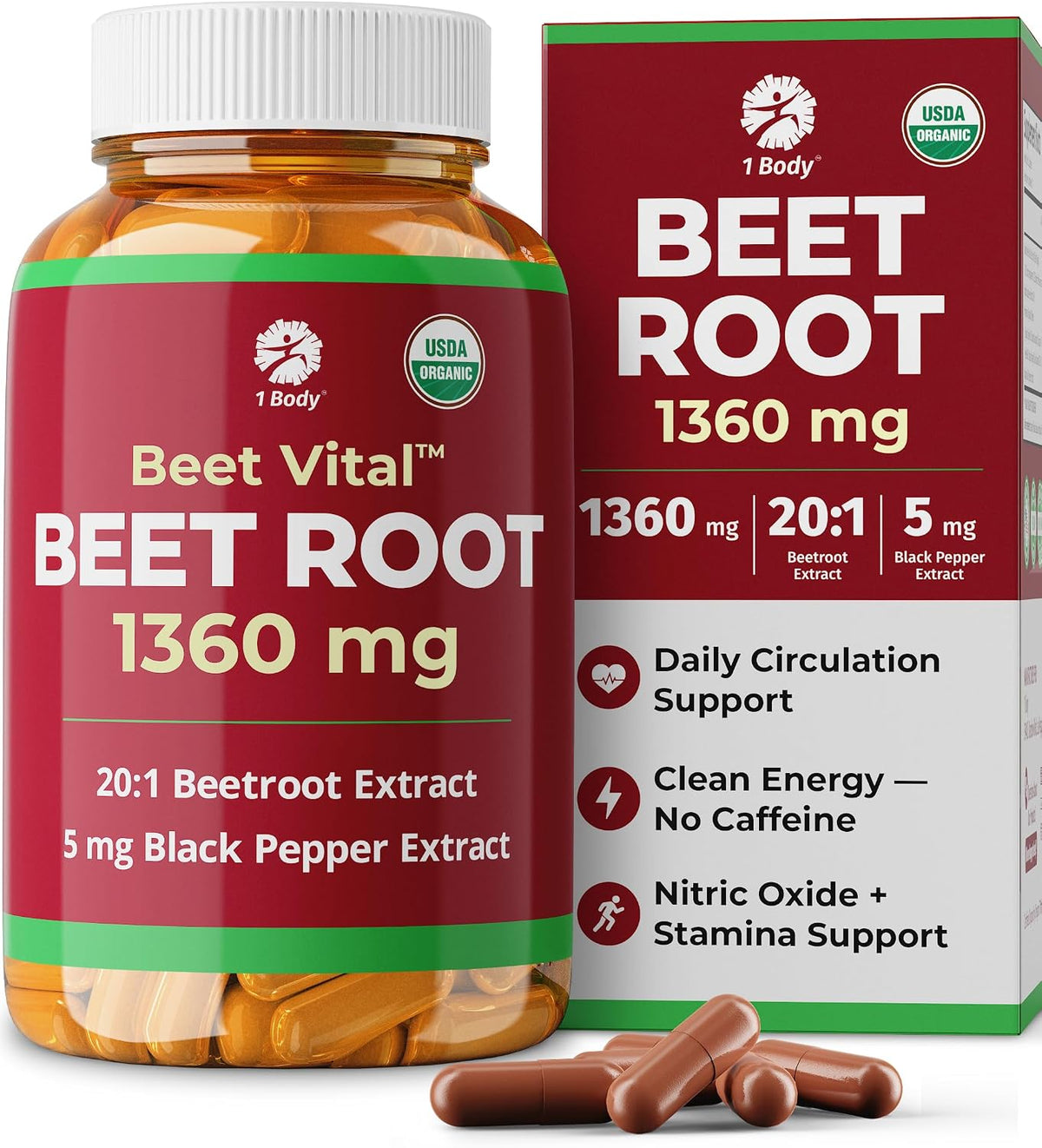1 Body Beet Root Capsules 1360mg, 20:1 Extract, Beet Vital, 60 Caps