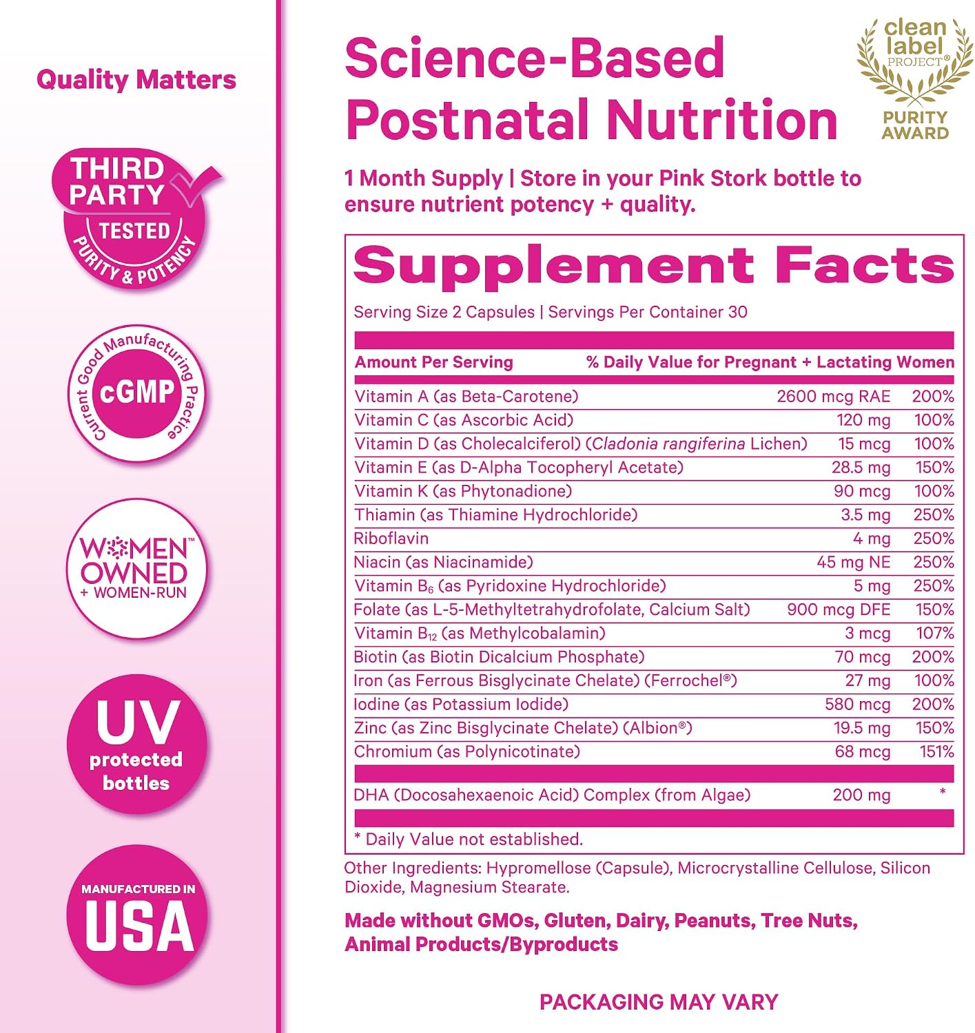 Pink Stork Total Postnatal Vitamins for Women, 60 Capsules, Mint | Vegan Algae DHA, Methylated Folate, Iron & B12, Postpartum Recovery & Lactation Support, Clean Label Award Winner, 1 Month