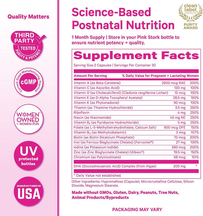 Pink Stork Total Postnatal Vitamins for Women, 60 Capsules, Mint | Vegan Algae DHA, Methylated Folate, Iron & B12, Postpartum Recovery & Lactation Support, Clean Label Award Winner, 1 Month