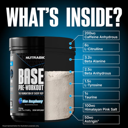 NutraBio Base Pre-Workout Powder 200mg Caffeine, Sustained Energy, Focus, Endurance, Pump, Sugar Free, Clean Preworkout for Men and Women - Beta Alanine, L-Tyrosine, 30 Servings - Lemon Lime