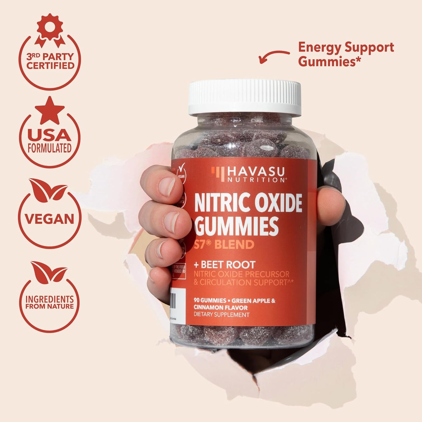 Nitric Oxide Beet Root Gummies with L-Arginine, NO Gummies, 90 Count | Vegan, Non-GMO Nitric Oxide Supplement for Energy, Endurance, and Recovery, Green Apple and Cinnamon Flavor, 30 Servings