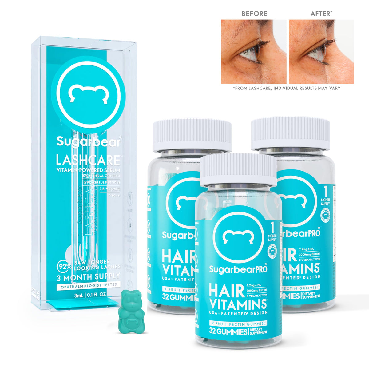 SugarbearPro Hair Vegan Vitamin Gummies for Luscious Hair with Biotin, Vitamin E, Folic
