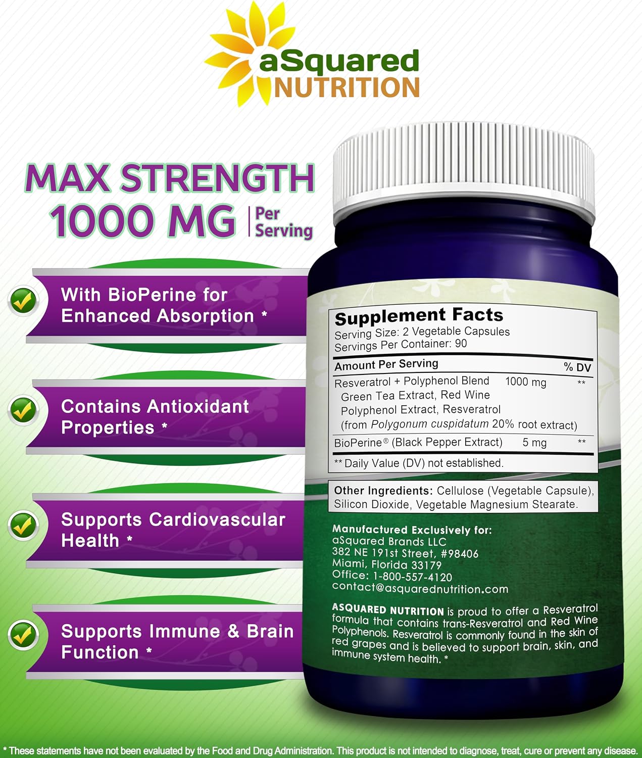 aSquared Nutrition Natural Resveratrol with Red Wine Extract - 180 Capsules - Trans Resveratrol Antioxidant Supplement Pills for Pure Heart Health - Extra Strength Trans-Resveratrol