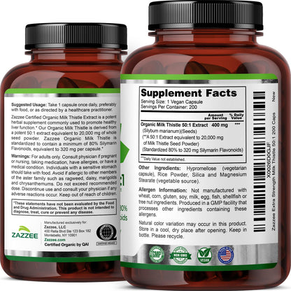 Zazzee USDA Organic Milk Thistle 50:1 Extract, 80% Silymarin Flavonoids, 200 Vegan Capsules, 6+ Month Supply, Silybum Marianum, Liver Support & Detox Support, Organic All-Natural, Non-GMO, Made in USA
