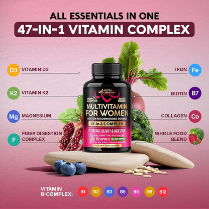 Multivitamin for Women - B-Complex | Whole Foods | Hair Growth Support | Digestion & Metabolism | Iron - 47in1 Womens Multivitamin - Bioavailable & Gentle on Stomach - 90 Capsules, 3 Month Supply