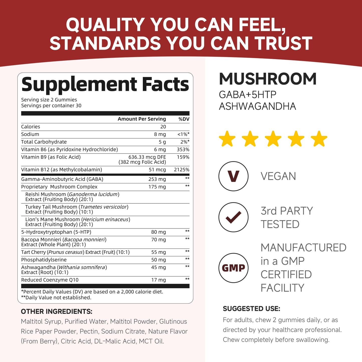 GABA & Mushroom Gummies Supplement for Sleep & Brain Support,Extra Strength | Plus Mushroom Complex, 5‑HTP & Tart Cherry, No Melatonin for Natural Sleep, Berry Flavor-Sugar Free, 60 Gummies