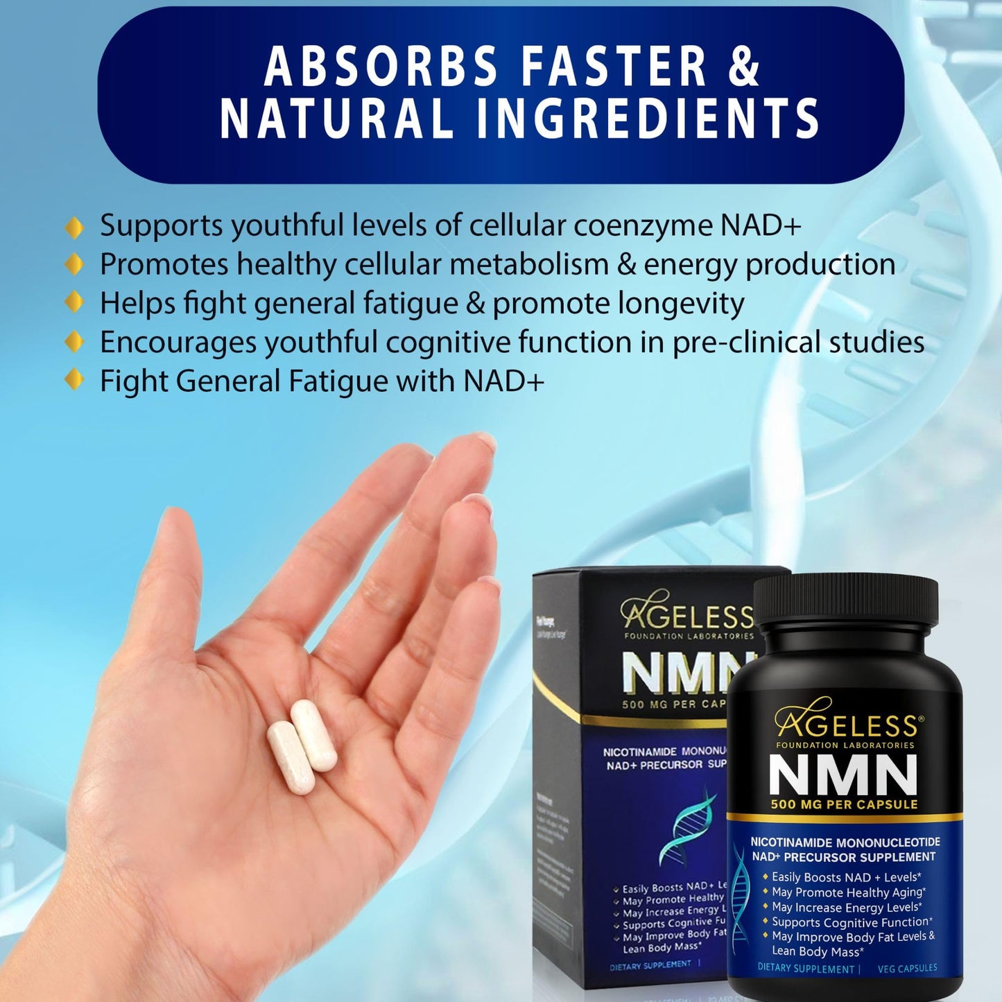 NMN Supplement 500mg For Women & Men 90 Capsules, Supports skin health | 99% Pure Nicotinamide Mononucleotide, NAD Boost for Healthy Aging & Cellular Energy, Longevity Support, Non-GMO Vegan