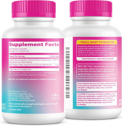 Pink Stork Organic Maca Root Capsules for Women, 1500 mg, 60 Count | With BioPeirne, Hormonal Balance, Menstrual Health, Energy, + Vitality Support, Perimenopause Comfort