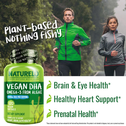NATURELO Vegan DHA, Vegan Omega 3 Supplement, 120 Softgels, Supports Brain/Heart/Eye Health, Complements Prenatal Vitamins, Essential Fatty Acids, Omega 3 Supplement for Women & Men