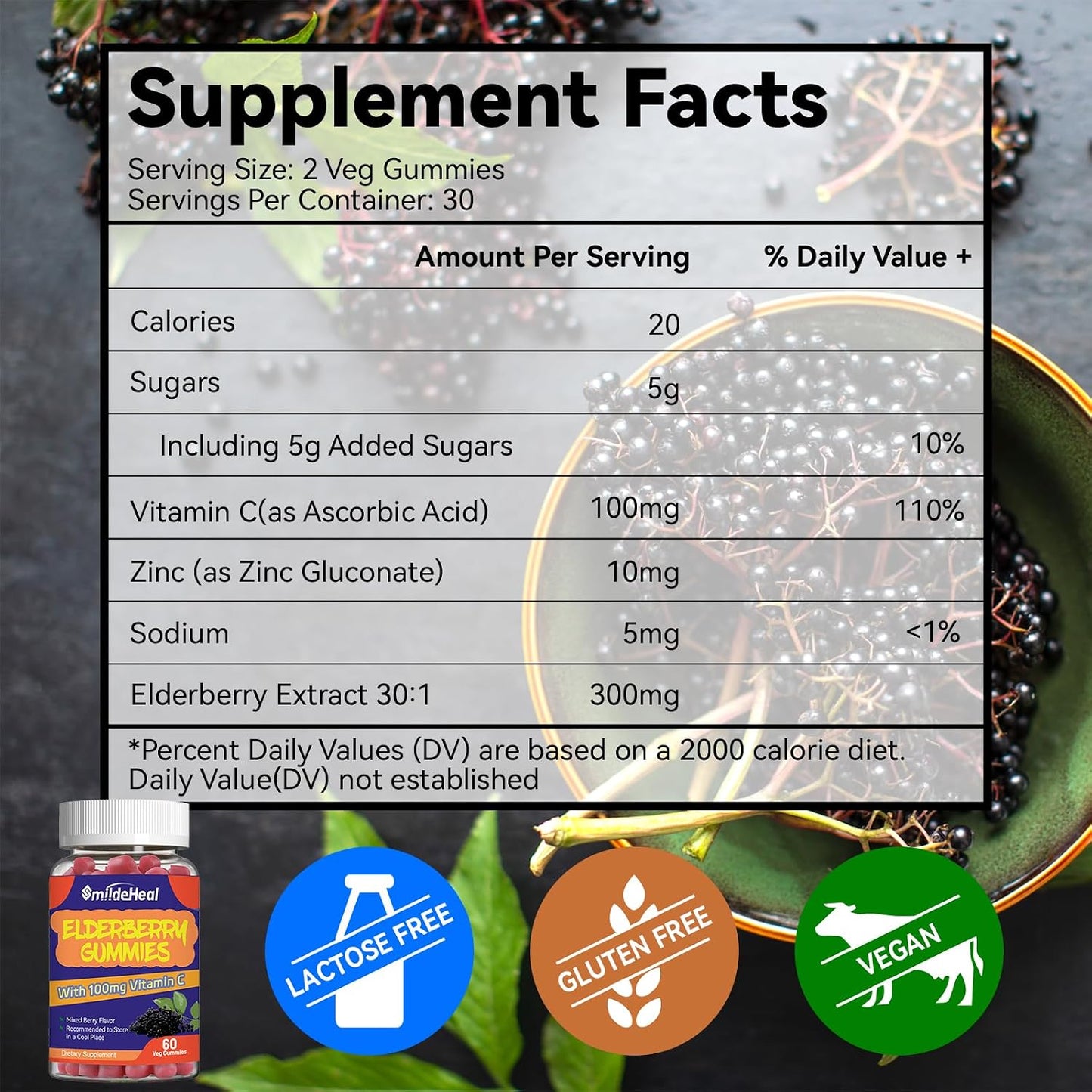 Elderberry Gummies 300mg, with Vitamin C and Zinc, 60 Count | Elderberry Gummies, Elderberry Extract 300mg, with Vitamin C and Zinc, Strawberry Flavor GummiesImmune Support, 60 Count