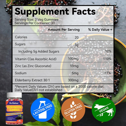Elderberry Gummies 300mg, with Vitamin C and Zinc, 60 Count | Elderberry Gummies, Elderberry Extract 300mg, with Vitamin C and Zinc, Strawberry Flavor GummiesImmune Support, 60 Count